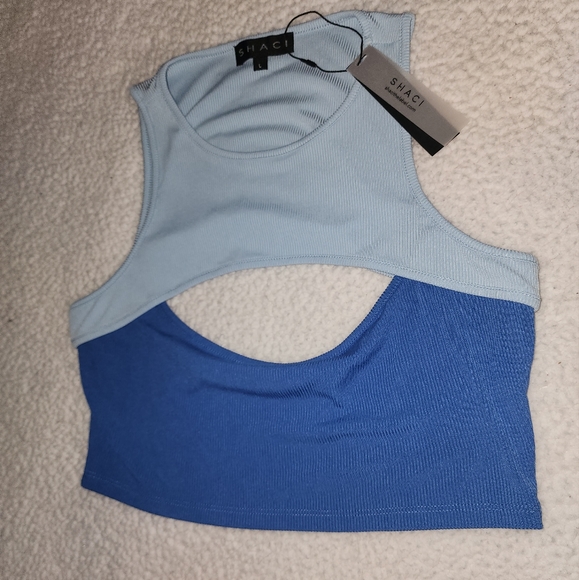 NWT Dolls Kill 2 Tone Blue Show Me Some Clevage Crop Top - Picture 3 of 7